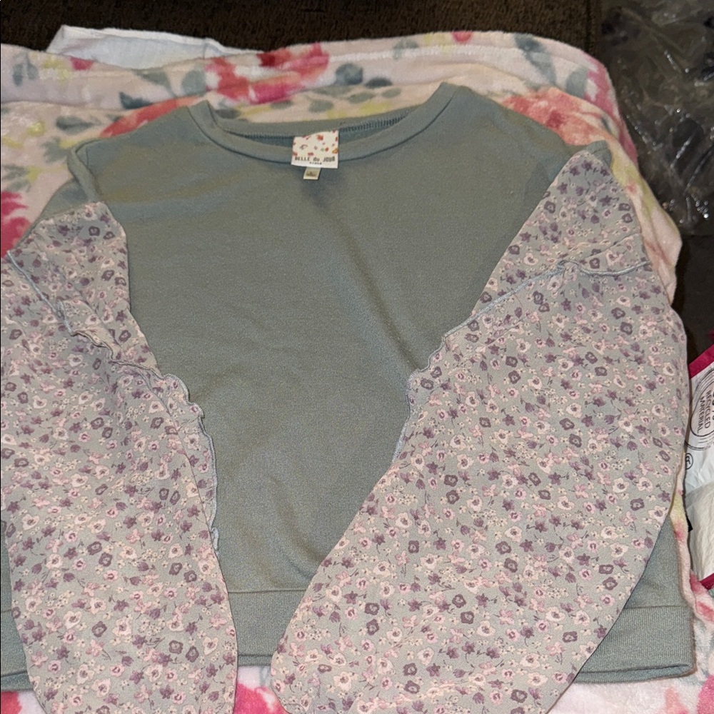Floral Sleeve Crewneck Top for Kids - Sage Green